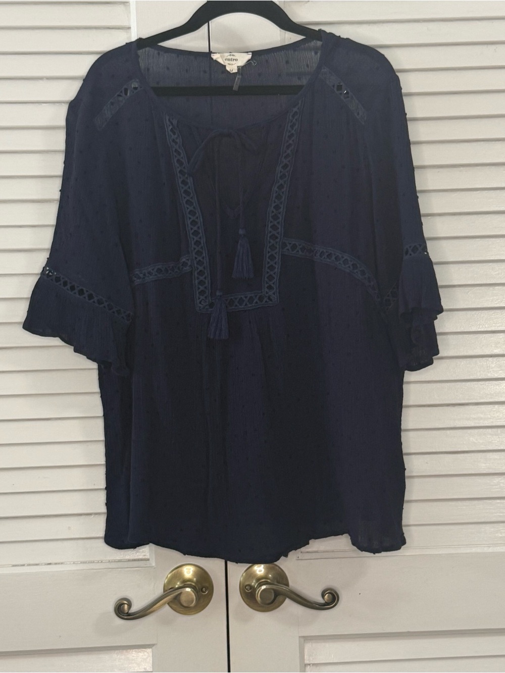 entro Navy Embroidered Tassel Peasant Blouse